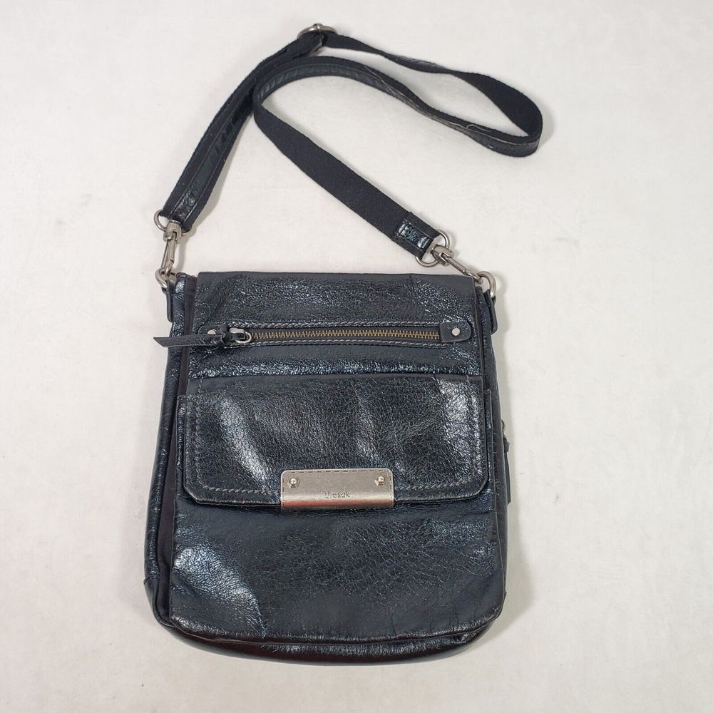 The Sak Parker Black Pebbled Leather Flap Messenger Crossbody Shoulder Bag Purse